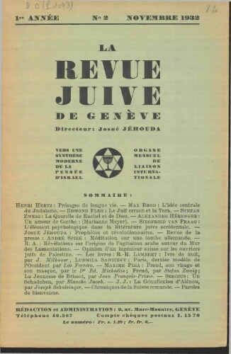 La Revue Juive de Genève. Vol. 1 n° 2 fasc. 2 (novembre 1932)